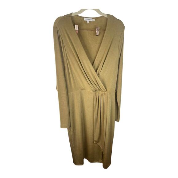 Good American Shimmer Faux Wrap Dress Long Sleeve Side Slit Metallic Gold Sz XL - Picture 3 of 12